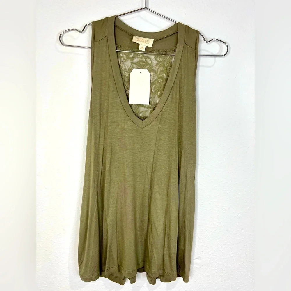 🆕 London Rose Olive Green Tank with Lace Accent - Picture 3 of 10